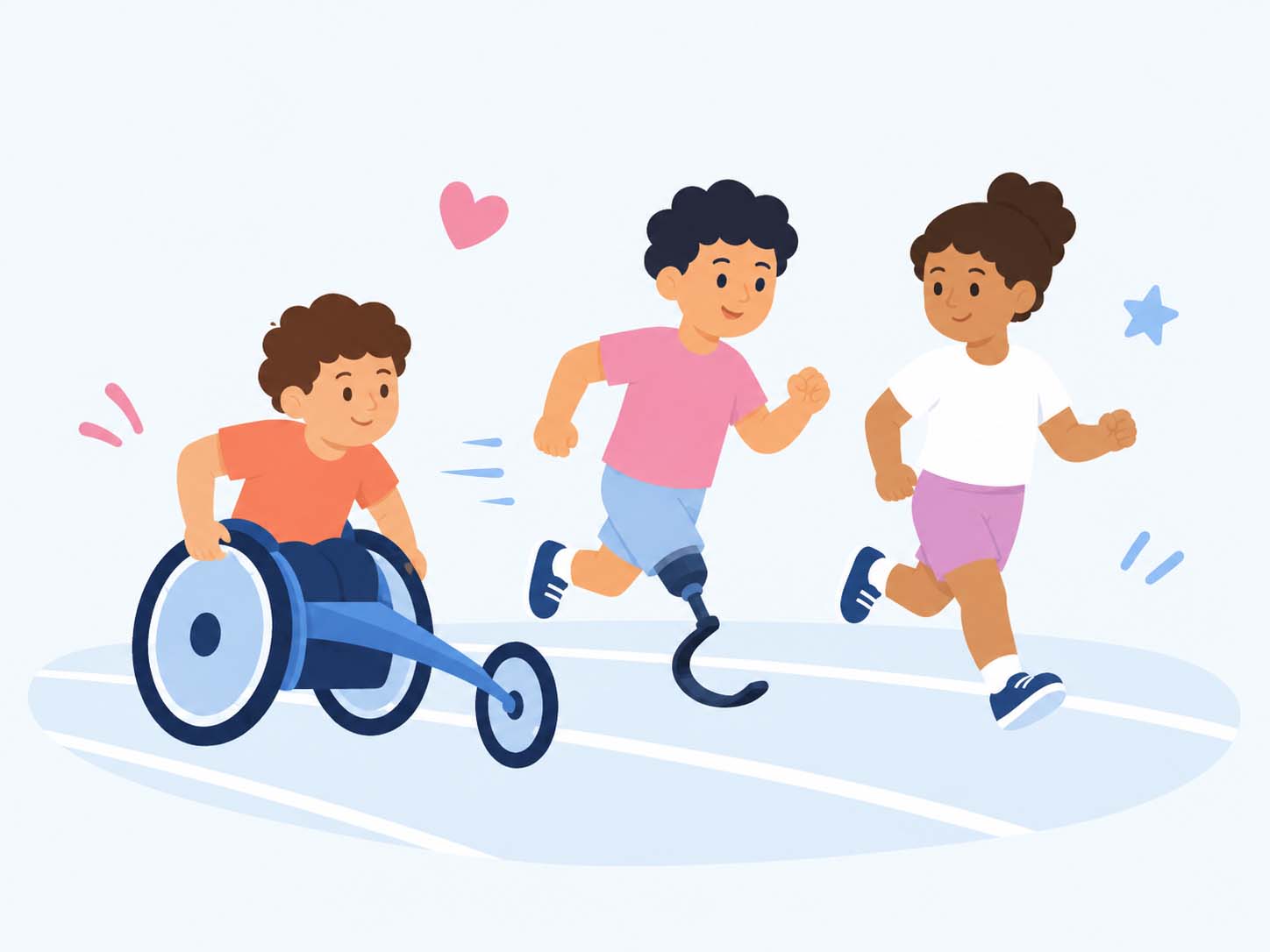 Ilustración infantil corriendo con prótesis de pala sobre pista de atletismo