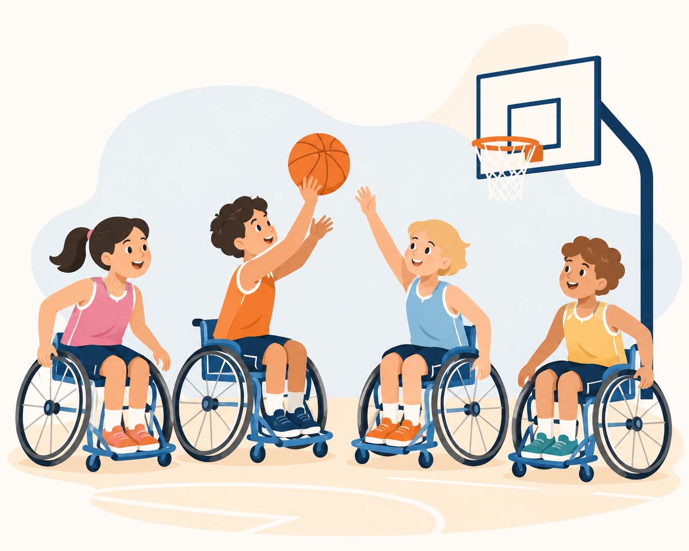 Ilustración infantil encestando un balón desde una silla deportiva