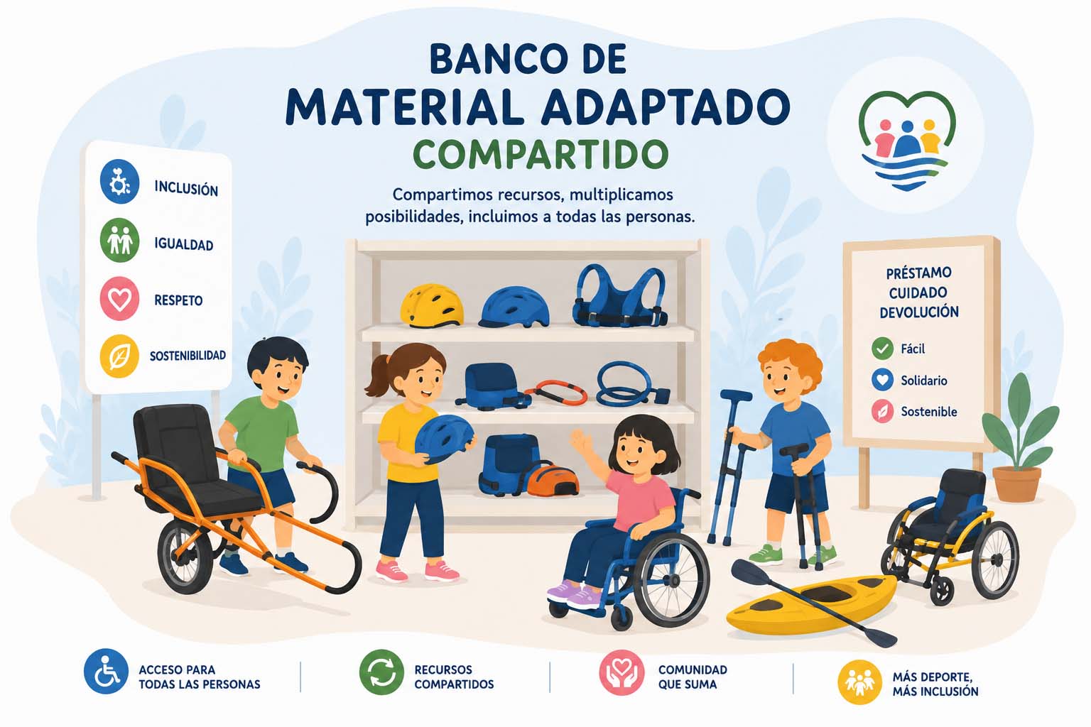 Ilustración del banco de material deportivo adaptado compartido